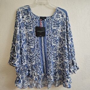 Cynthia Rowley Blue and White Floral Paisley Periwinkle Long Sleeve Blouse 1X